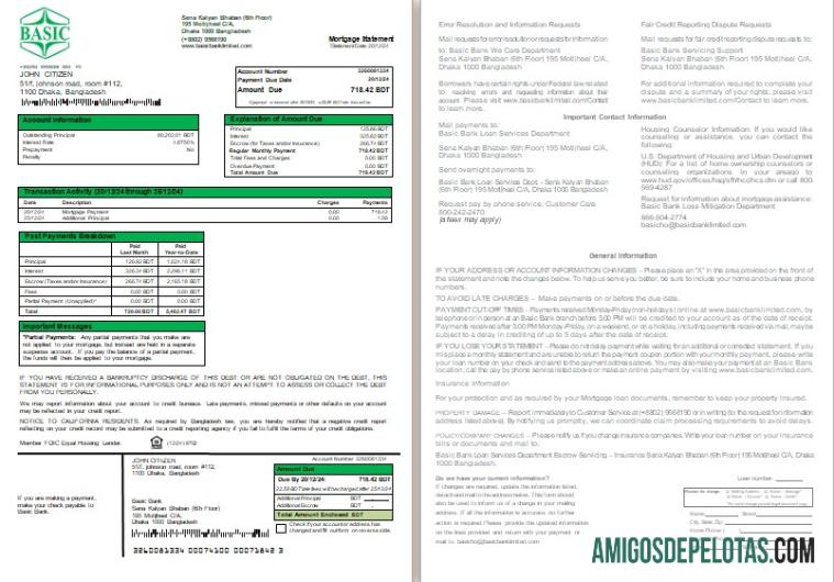 Extrato de hipoteca bancária do Bangladesh Basic Bank, 2 páginas, 1 2 Scr exemplo real